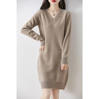 Fashion Autumn Winter Dress Women100%Merino Wool V-neck Long-sleeved Dress Women&
