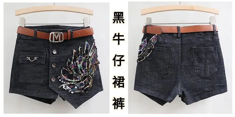 Fashion Sequin Denim Short Skirt Women Spring/Summer 2025 New Korean High Waist Slim Irregular Sexy Hot Pants White Black Casual
