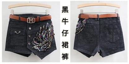Fashion Sequin Denim Short Skirt Women Spring/Summer 2025 New Korean High Waist Slim Irregular Sexy Hot Pants White Black Casual