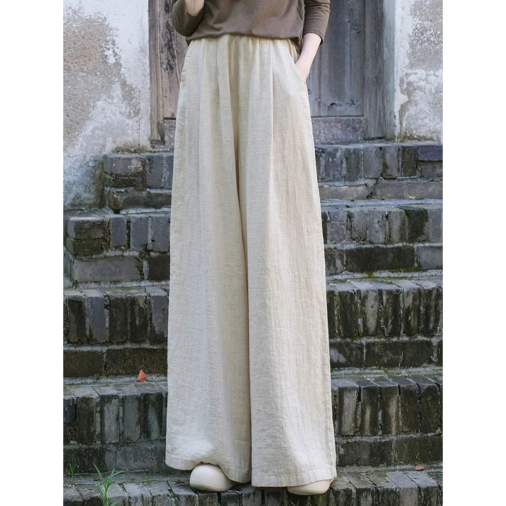 Linen Wide Leg Pants Women Casual Bohemian Loose Flowy Palazzo Pants Summer Spring