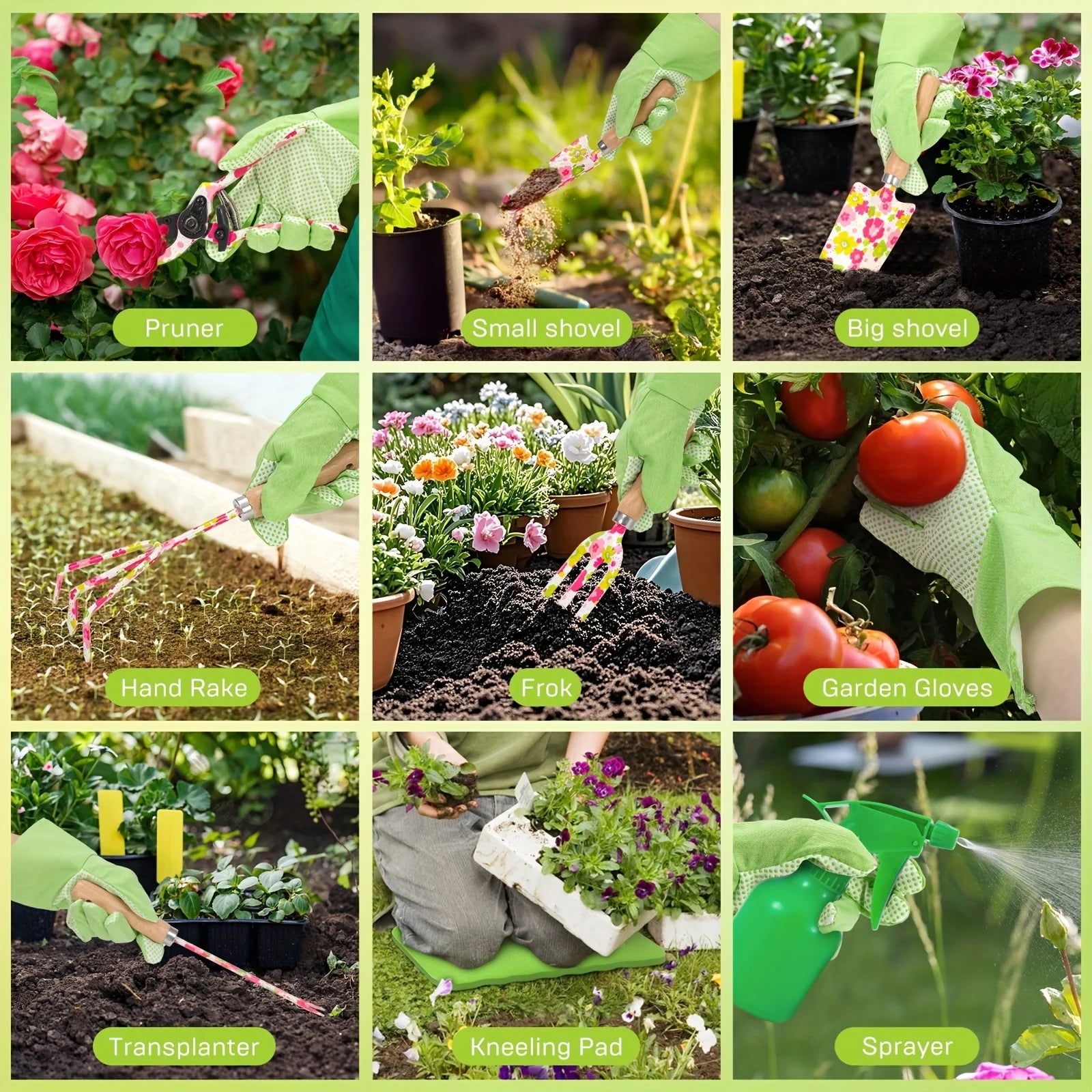 Gardening Tools 10PCS Heavy Duty Garden Hand Tools with Fashion Floral Organizer Handbag Rust-Proof Garden Tool Gifts for Women