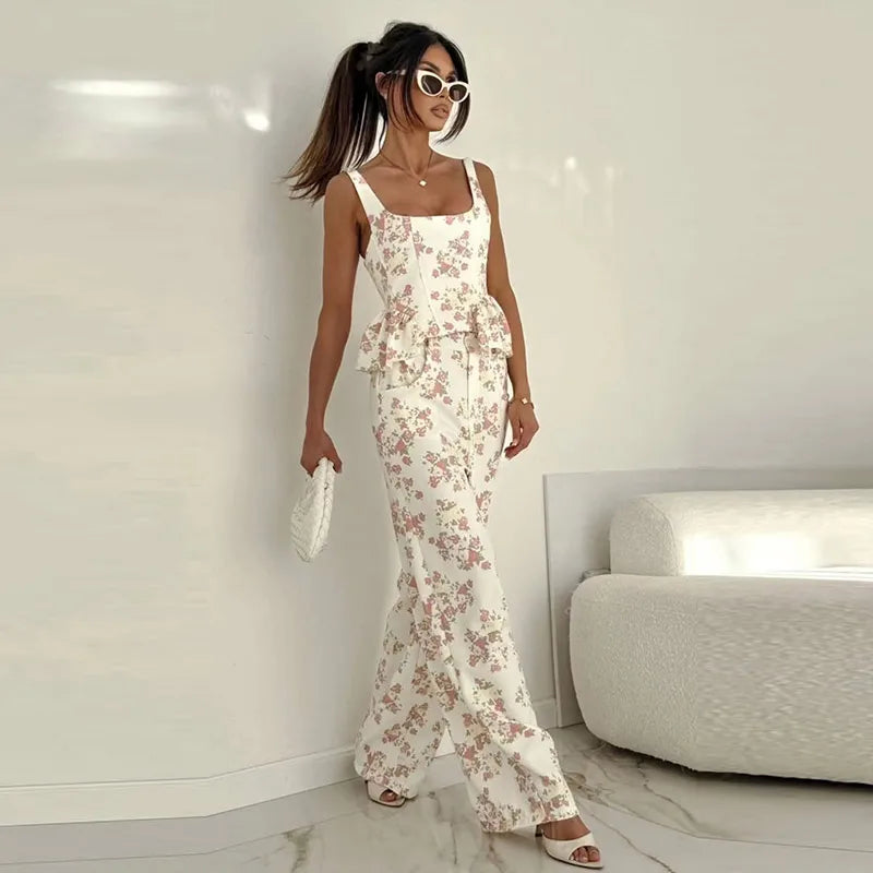 Fashion Women Floral Set Chic Sleeveless Ruffles Square-neck Vest Wide Leg Pant Pockets Casual Summer Office Outfit Commute