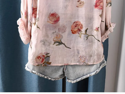 2026 Autumn clothes woman French fashion v neck rose floral print shirts and blouses for women vintage ladies tops