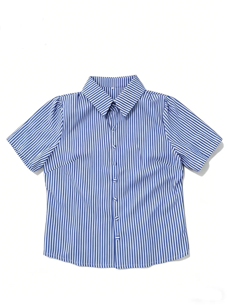 Womens Blue White Striped Cropped Button Down Shirt Slim Fit Short Puff Sleeve Y2K Vtg Casual Office Summer 2026 Chic Blouses