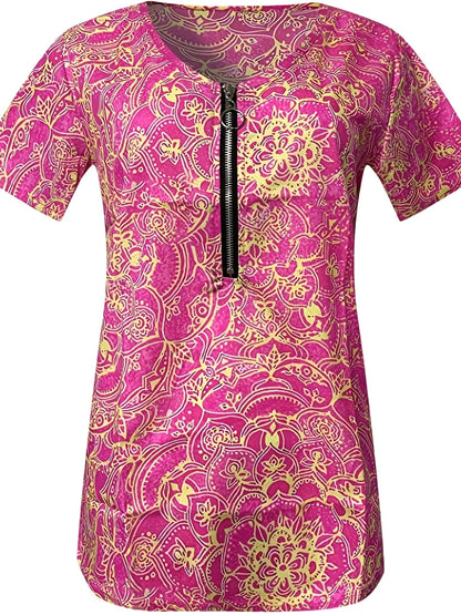 Women Fashion Short Sleeve Printed Zippered Top