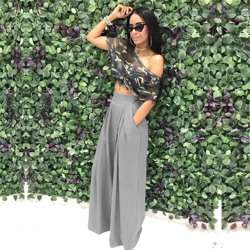 Women Casual Loose Palazzo Pants Autumn High Waisted Wide Leg Trousers Pleated Long Culottes Pants Elastic Waist Trouser Pockets
