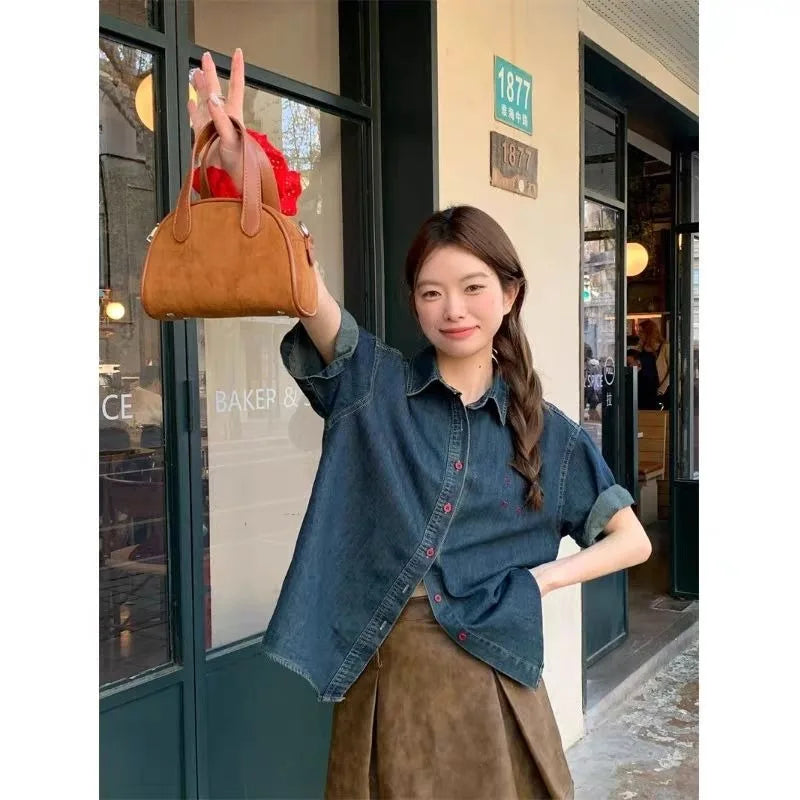 Women k Blue Denim Short Sleeve Shirt Oversized Button Down Loose Fit Casual Streetwear Top