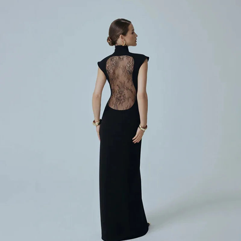 Solid Dresses For Women Fashion Sexy Streetwear Short Sleeves Turtleneck Hollow Out Sheer Long Vestidos Robes Female Elegant Fit