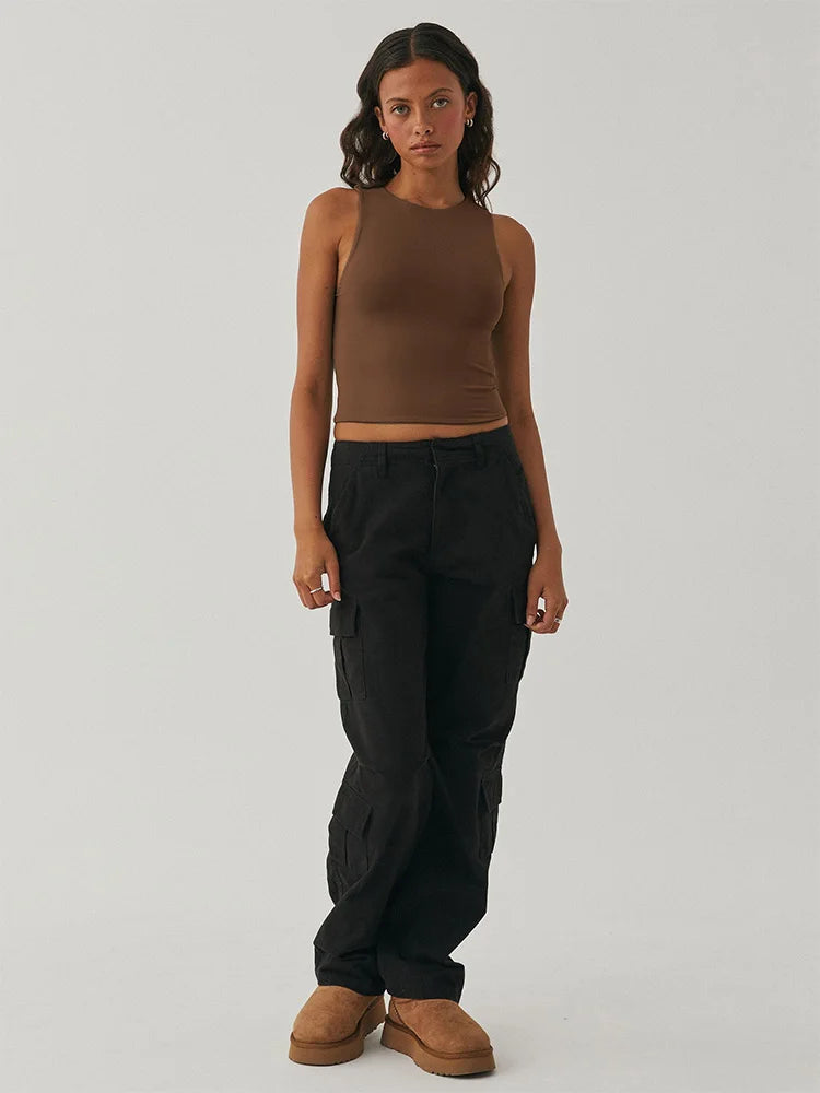 Sleeveless tight bottom shirt, round neck I-shaped solid color top, casual vest