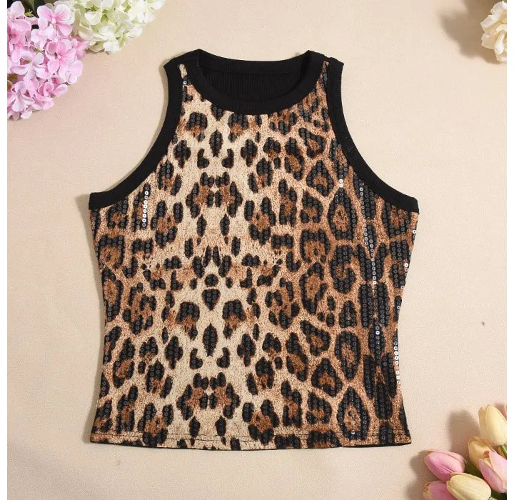 Tank Top for Women 2025 Summer New Pearl Leopard Print Small Sleeveless T-shirt Sexy Exposed Navel and Waist Color Blocked Vest
