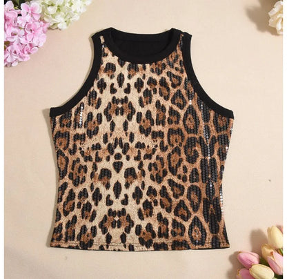Tank Top for Women 2025 Summer New Pearl Leopard Print Small Sleeveless T-shirt Sexy Exposed Navel and Waist Color Blocked Vest