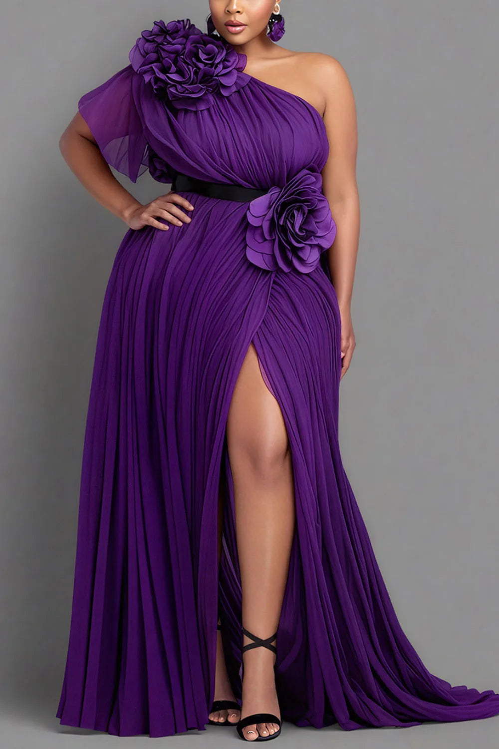 Plus Size Formal Purple One Shoulder Short Sleeve 3D Elegant Split Chiffon Maxi Dresses
