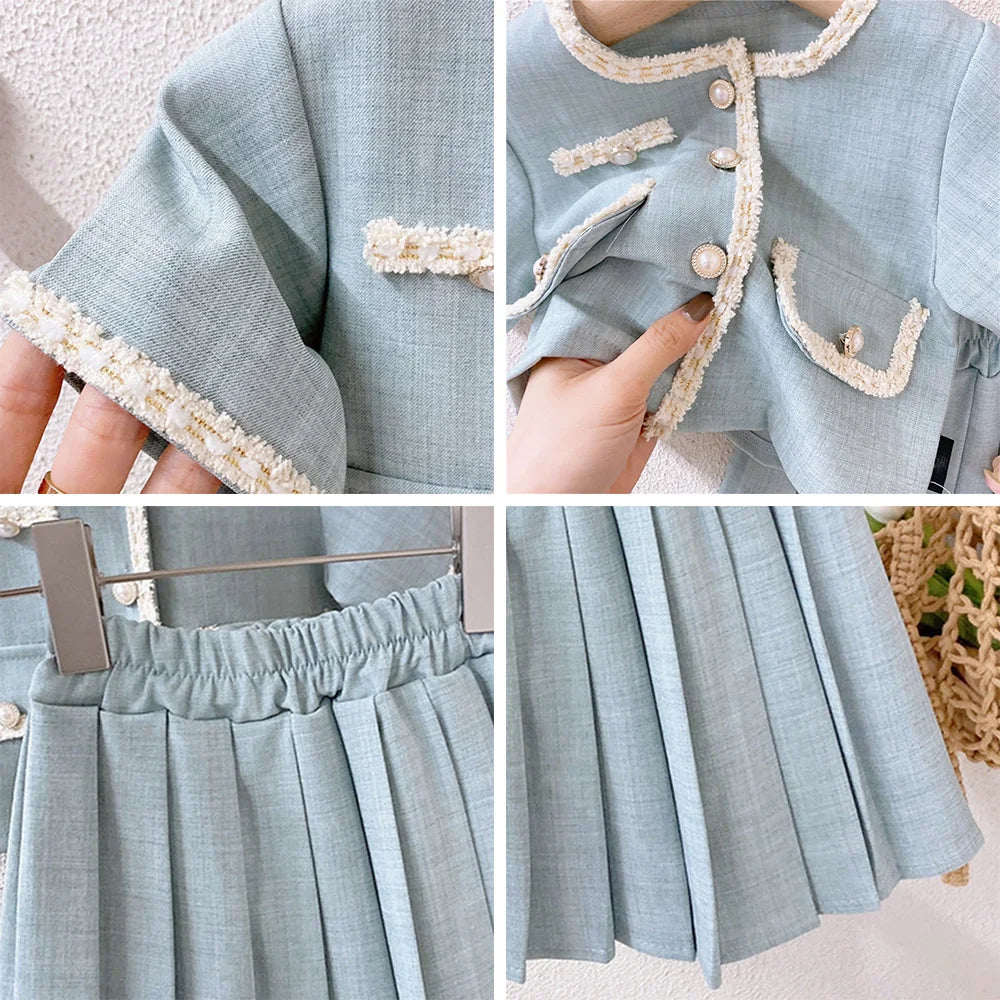 Kids Clothes Girls Single Breasted Coat+Pleated Skirt 2pcs Summer Girls Clothing Sets Kids Clothes Baby Tracksuit Suit Outfits
