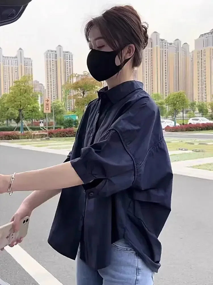 Women Blouses Elegant Streetwear Office Casual Loose Button Up White Blue Long Sleeve Vintage Oversize Shirt Tops