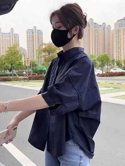 Women Blouses Elegant Streetwear Office Casual Loose Button Up White Blue Long Sleeve Vintage Oversize Shirt Tops