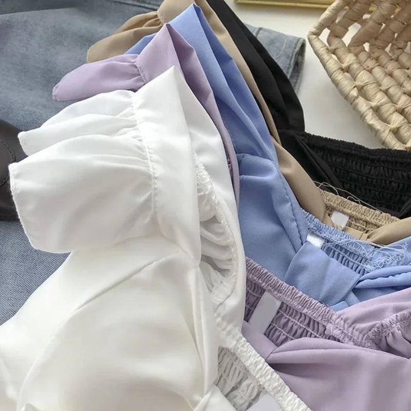 Crop Tops Camis Women Ruffles Sexy Elegant Simple Streetwear Vintage Summer Holiday Casual Young Aesthetic All-match Ulzzang New