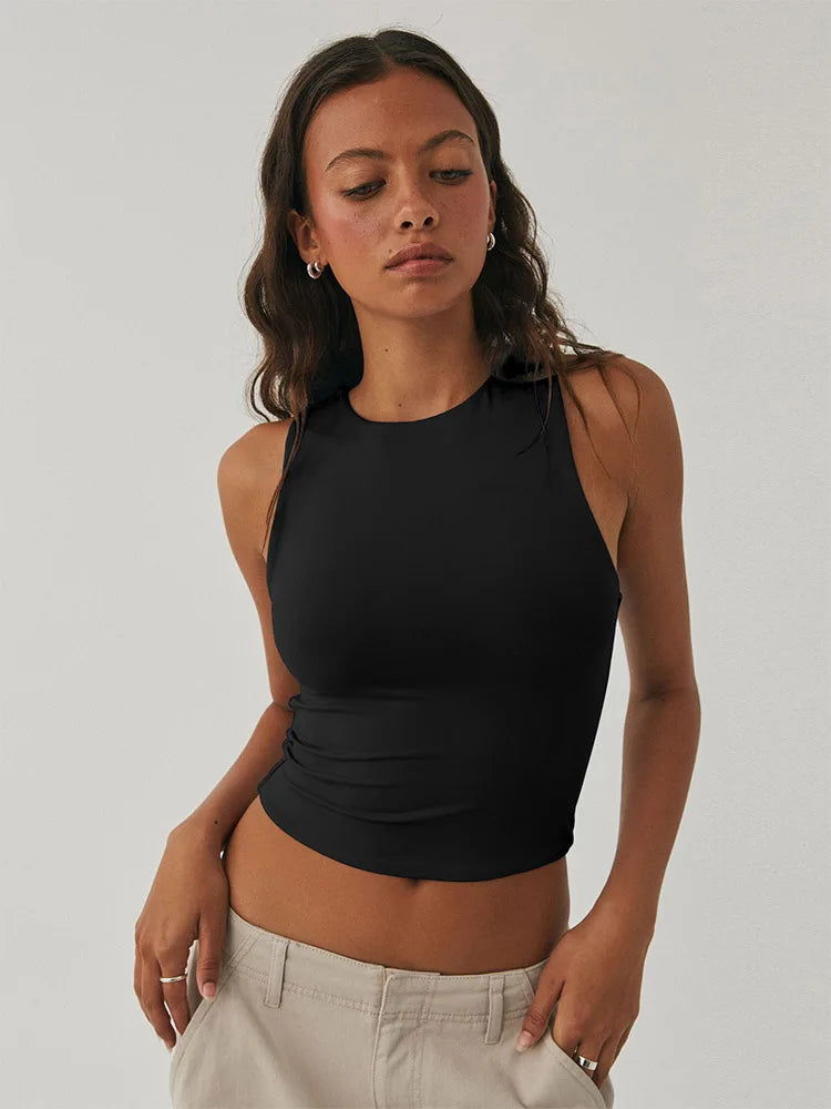 Sleeveless tight bottom shirt, round neck I-shaped solid color top, casual vest