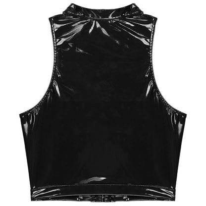 Mens Sleeveless Crop Top for Men Gothic Punk Clubwear Wet Look Patent Leather Vest Tops Hollow Out Eyelet Lace-Up Sleeveless Top