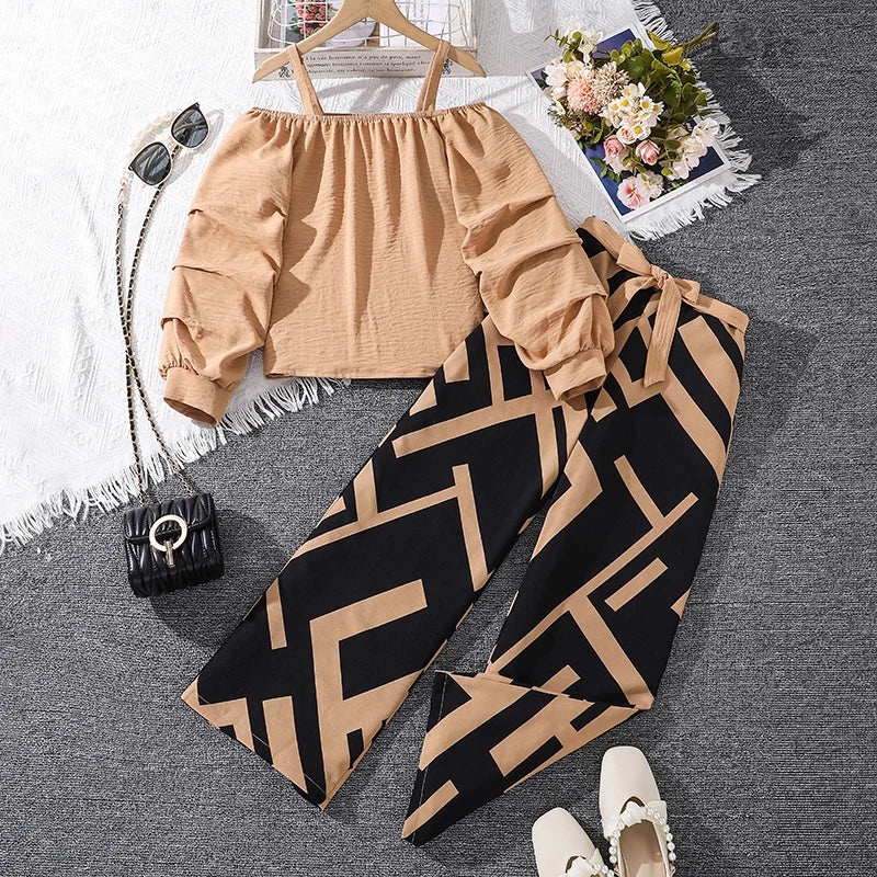 Kids Clothing Sets For Girls Khaki Off-shoulder Long sleeve Top &amp; Stripe Printing Pants Summer Resort Style Children Suits OOTD