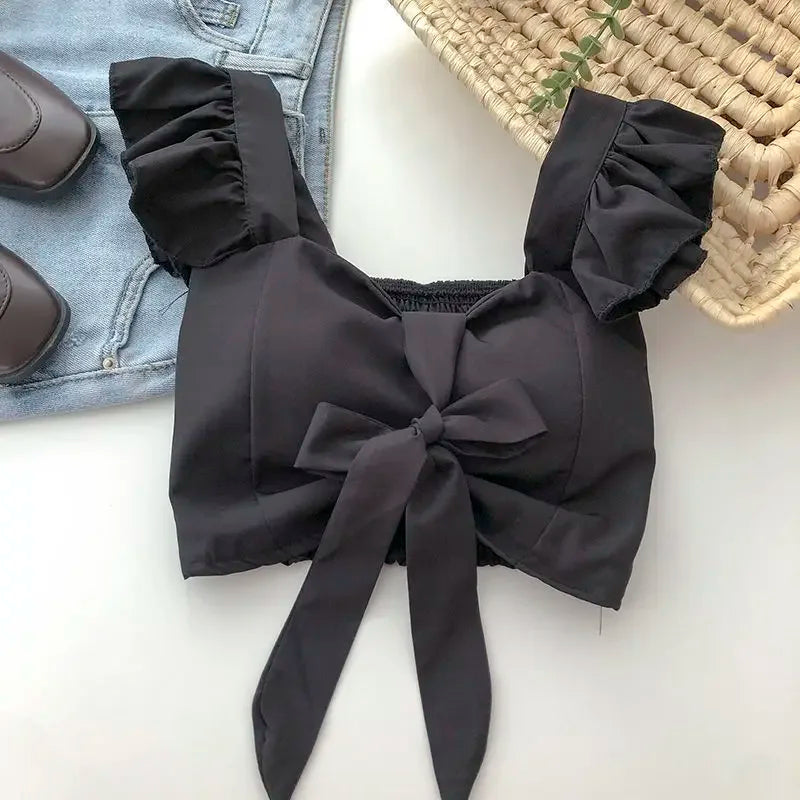 Crop Tops Camis Women Ruffles Sexy Elegant Simple Streetwear Vintage Summer Holiday Casual Young Aesthetic All-match Ulzzang New