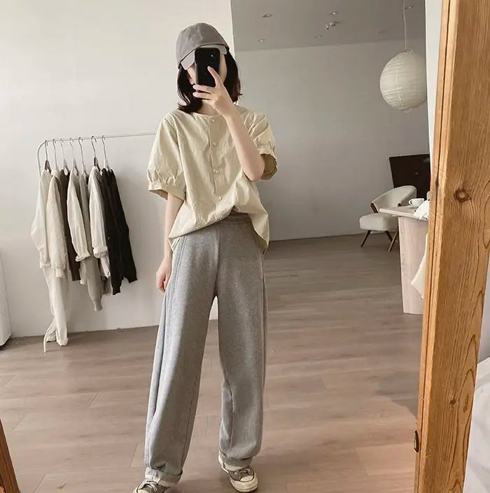 Women Round Neck Blouse Short Sleeve Button Down Loose Casual Solid Color Summer Shirt