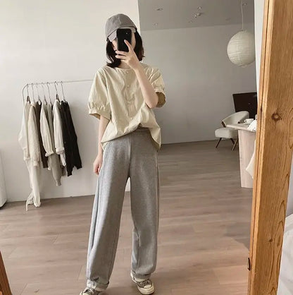 Women Round Neck Blouse Short Sleeve Button Down Loose Casual Solid Color Summer Shirt