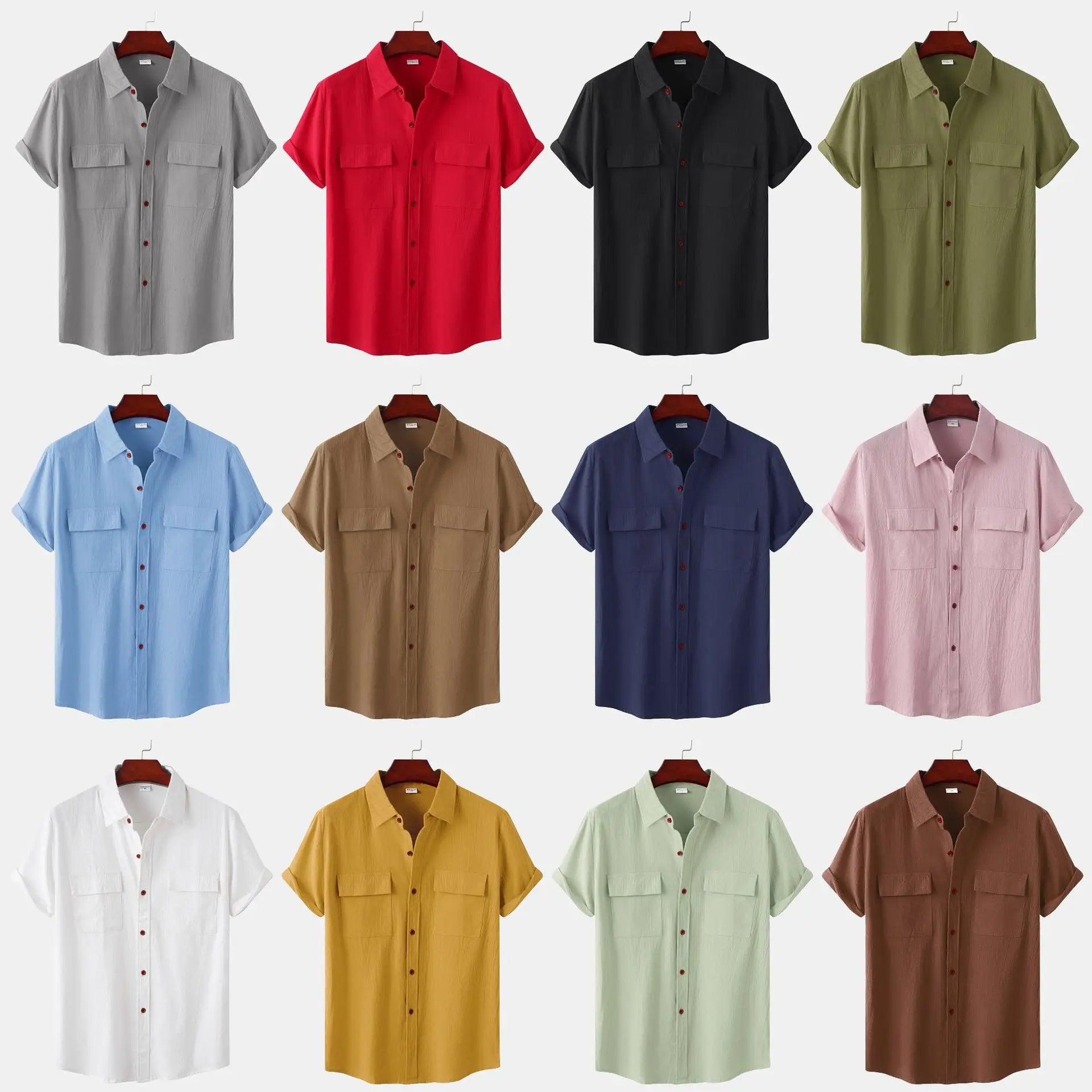 Turn Down Collar Men Shirts Solid Short Sleeve Shirts Single Breasted Casual Shirt Buttons Cardigan Sports Loose Breathable