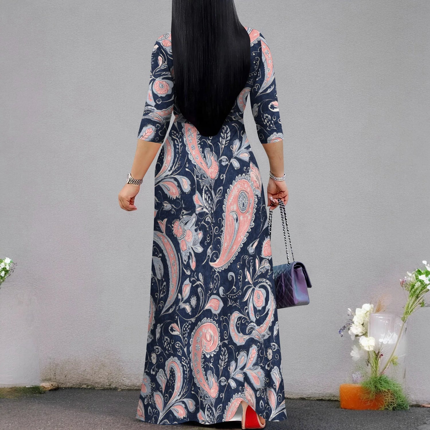 Plus Size Dresses for Women Print Maxi Dresses Flowy 3/4 Sleeve with Belt