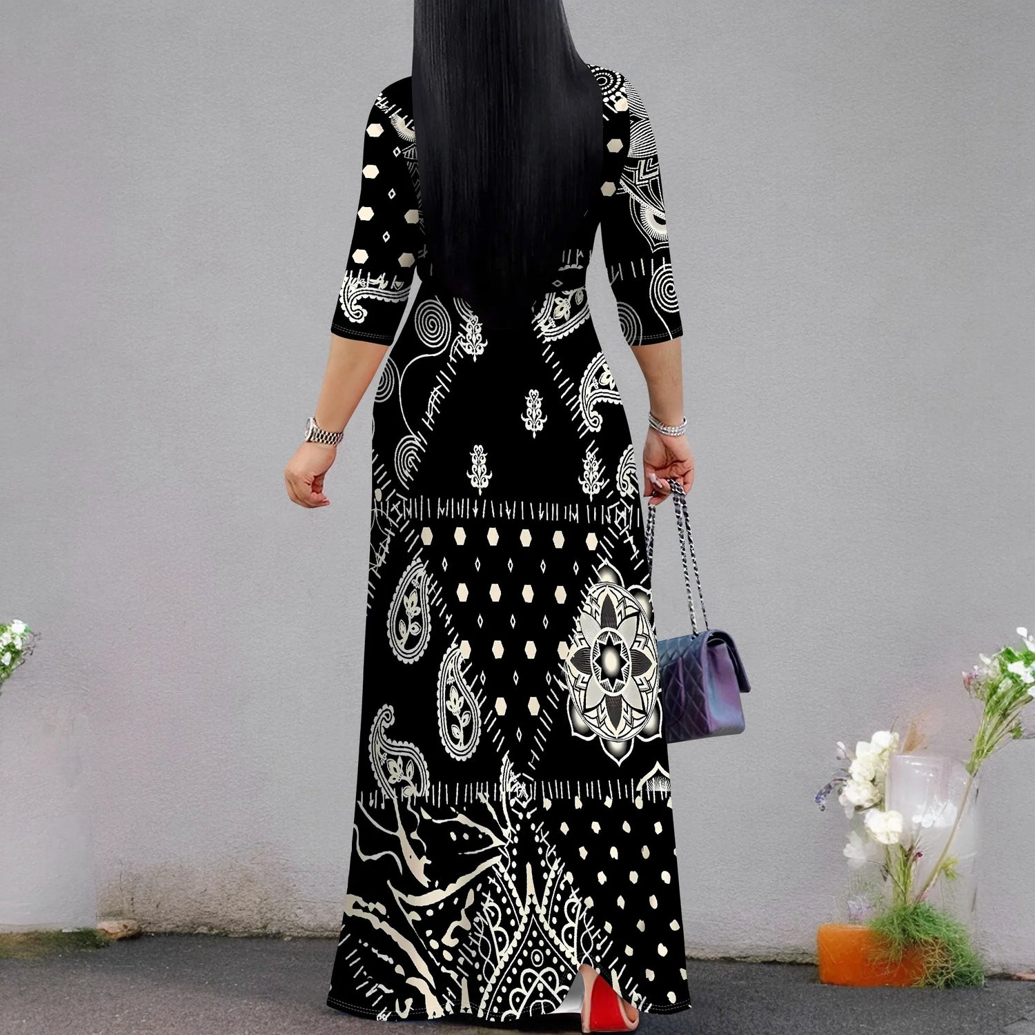 Plus Size Dresses for Women Print Maxi Dresses Flowy 3/4 Sleeve with Belt