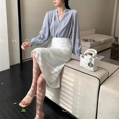 Women Clothing Fashion Loose V-Neck Chiffon Top Spring Autumn Elegant Long Sleeve Blouse Office Lady Simplicity Cozy Solid Shirt