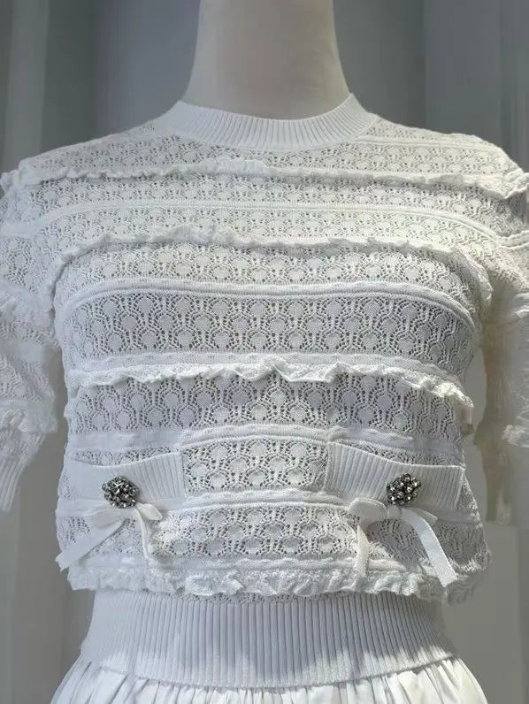 Women White Fashion Set short sleeve knit sweater tops + high waist fashion midi skirt