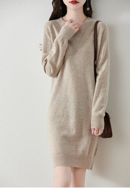 Fashion Autumn Winter Dress Women100%Merino Wool V-neck Long-sleeved Dress Women&