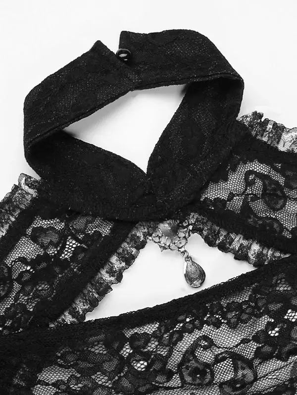Gothic Crop Tops for Women, Black Flare Sleeves Floral Paisley Lace Panel Cut Out Halloween Shurg Top
