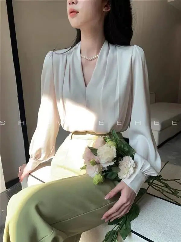 Women Clothing Fashion Loose V-Neck Chiffon Top Spring Autumn Elegant Long Sleeve Blouse Office Lady Simplicity Cozy Solid Shirt