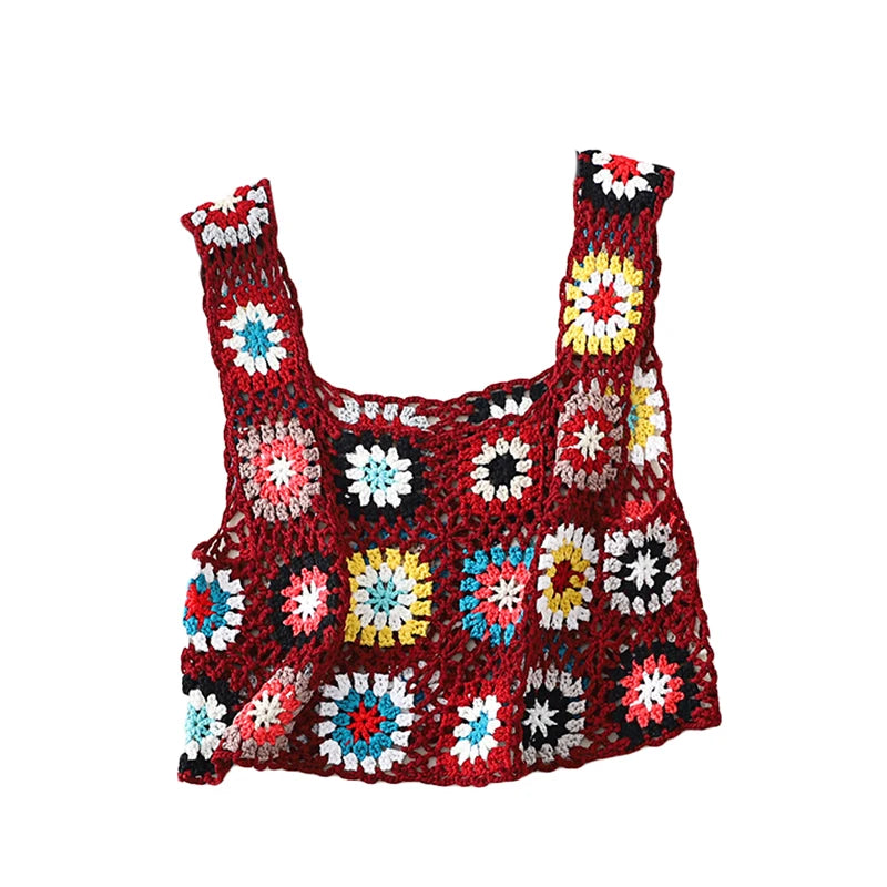Women´s Summer Sleeveless Tops Colorful Hand Crochet Embroidery Openwork Knit Tank Tops
