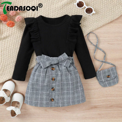 4-7Y Children Girls Clothing Outfit Solid Color Long Sleeve Ruffle Tops+Plaid Skirt With Belt+Bag Kids Girl Costume 3Pcs Set
