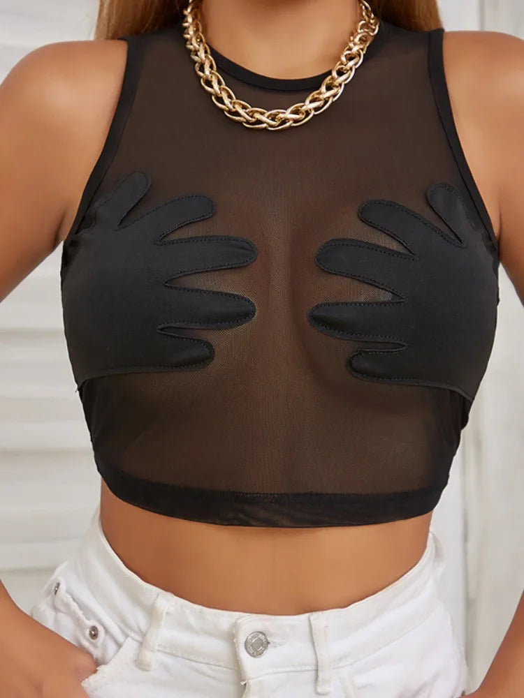 Sleeveless Sexy Tank Top Women Clothing See Through Y2k Accessories O-neck Palms Cute Mini T-shirts Mesh Black Ropa De Mujer