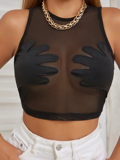 Sleeveless Sexy Tank Top Women Clothing See Through Y2k Accessories O-neck Palms Cute Mini T-shirts Mesh Black Ropa De Mujer