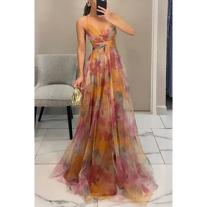 Women‘s Fashion Spring Autumn New Mesh Floral Print Beautiful Party Dress ladies Halter Dress INS Holiday Casual Long Dress