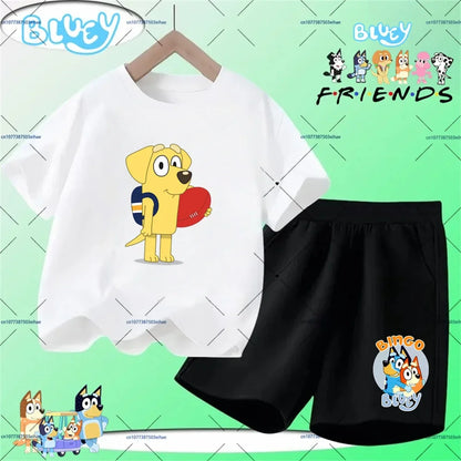Vacation Kawaii Kids 2PCS Clothing Bluey Cartoon Print T-Shirt And Shorts Summer Casual Street Style Light Outfit Age 3-14 Years