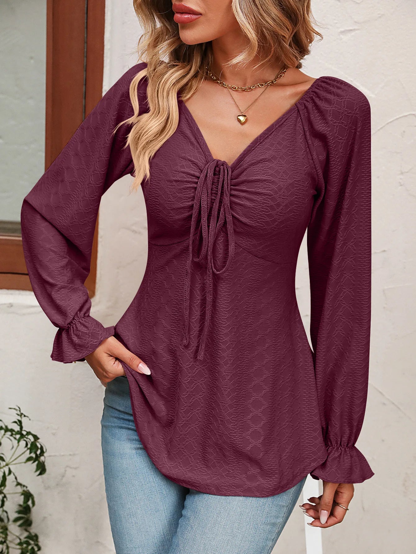 Fashion A Line Women Blouse Sexy V-Neck Drawstring Waist Long Sleeve T-Shirt Lady Elegant Spring Autumn Tops