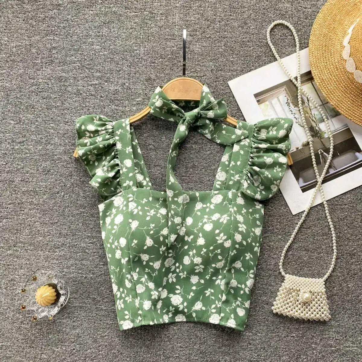 Crop Tops Camis Women Ruffles Sexy Elegant Simple Streetwear Vintage Summer Holiday Casual Young Aesthetic All-match Ulzzang New