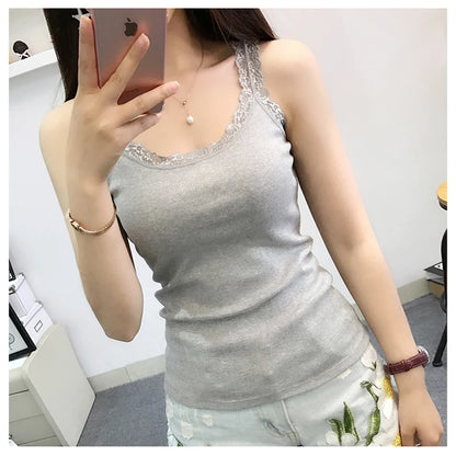 Tank Tops Women Summer O-neck Solid Color Female U-shaped Low Cut Lace Suspender Vest 2024 New Sleeveless Camisole For Ladies
