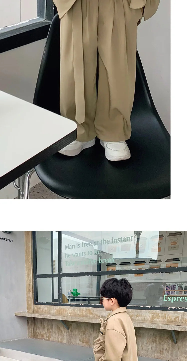 Kids Suits Fashion Casual Blazers Wide-legged Trousers 2 Piece Girls Clothes Set Khaki Loose Children Wedding Birthday Costumes