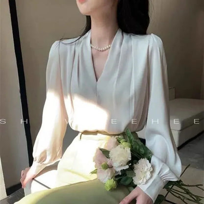 Women Clothing Fashion Loose V-Neck Chiffon Top Spring Autumn Elegant Long Sleeve Blouse Office Lady Simplicity Cozy Solid Shirt