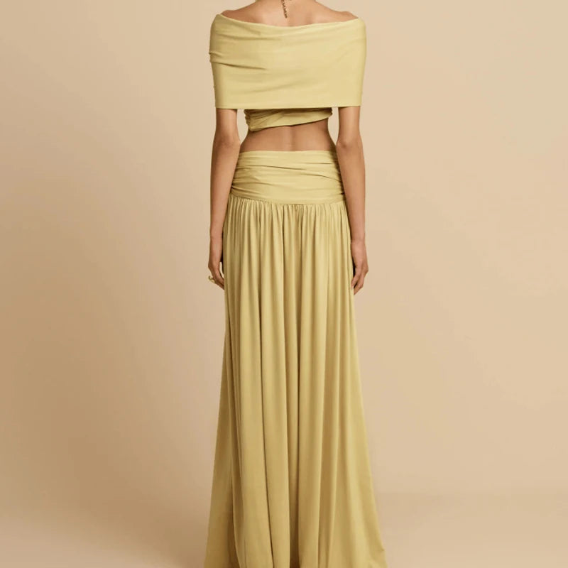 Women Fashion Hight Waist Draped Solid Outfit Elegant Half Skirt 2Pc Suit Sexy Off Shoulder Sleeveless Crop Top &amp; Long Skirt Set