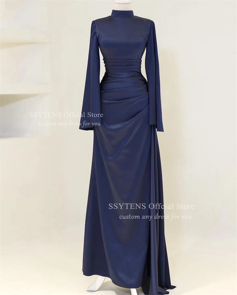 SSYTENS High Collar Muslim Evening Dresses Ruched Dubai Long Sleeves Prom Dresses Pleats Modest Arabia Party Gowns Customized