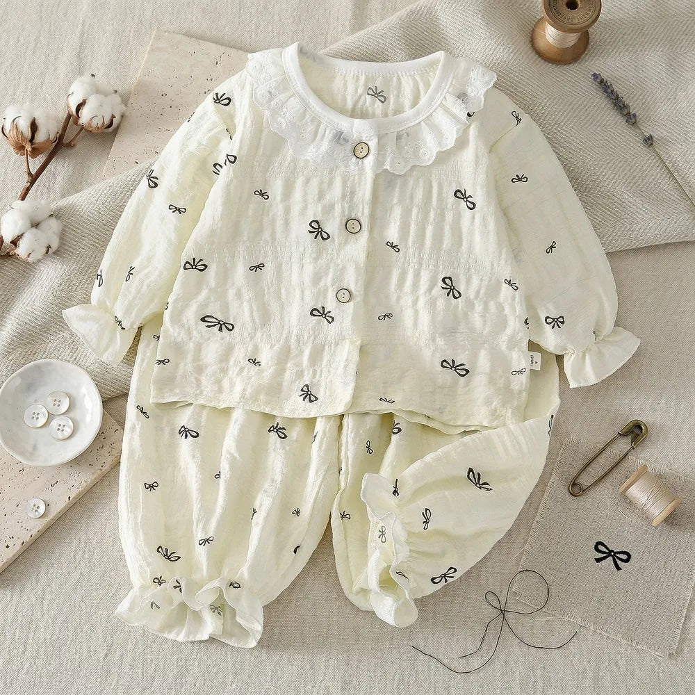 Summer Child Clothing Sets in Air-conditioned Room Girls Breathable Comfortable Long Sleeve Lace Home Clothes Sets Kids Pajamas