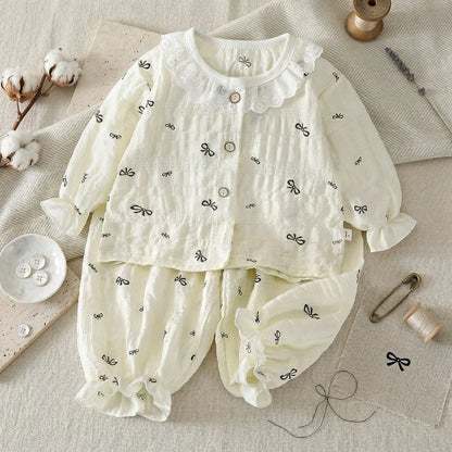 Summer Child Clothing Sets in Air-conditioned Room Girls Breathable Comfortable Long Sleeve Lace Home Clothes Sets Kids Pajamas