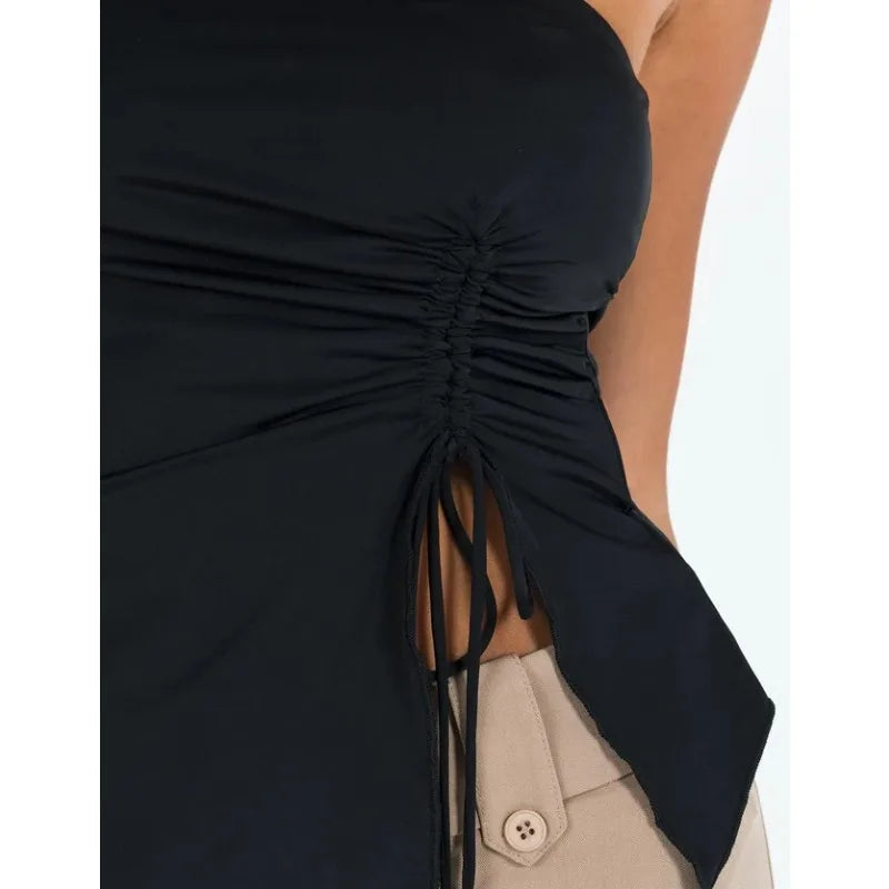 Women Tanks Solid Off Shoulder Asymmetric Drawstring Slit Casual Camis Elastic Sleeveless Female Crop Tops Summer Sexy Spicy